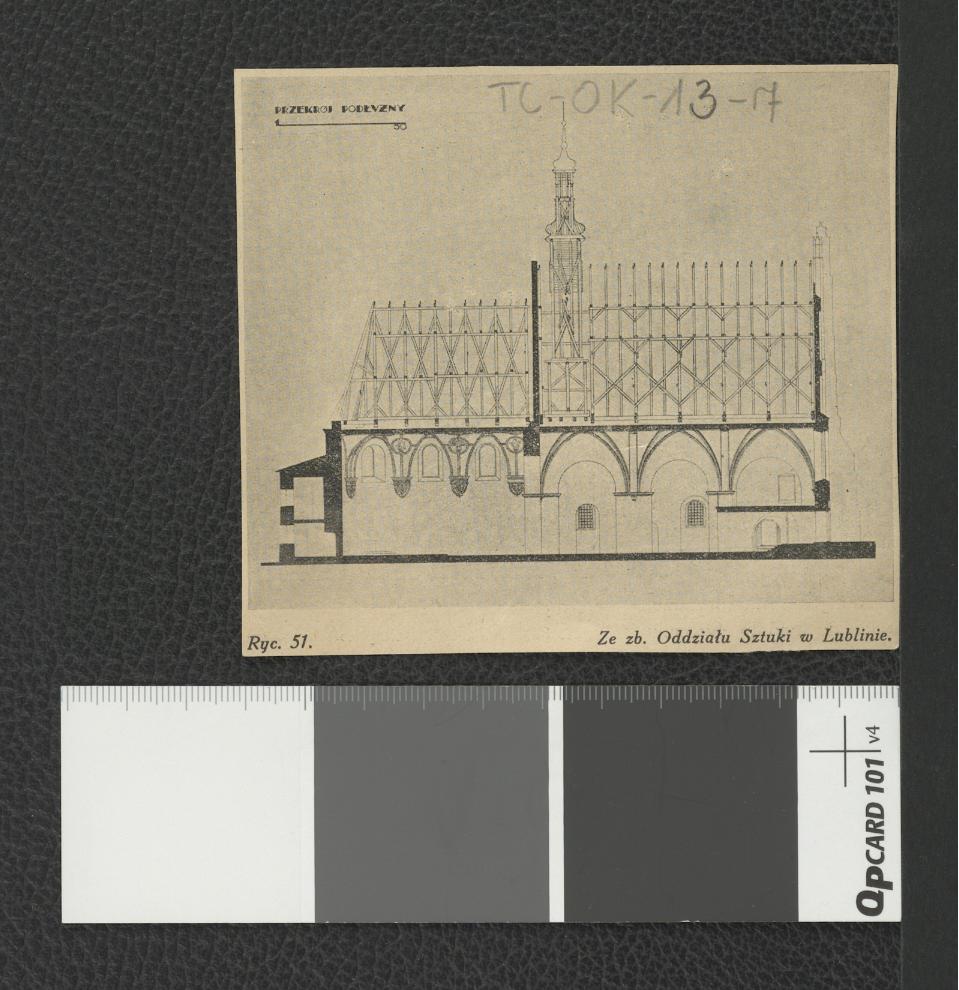 wycinki zawierające reprodukcje rysunku pomiarowego (1 : 100 - ze zbiorów Oddziału Sztuki w Lublinie) ukazującego elewacje boczne , skan 1