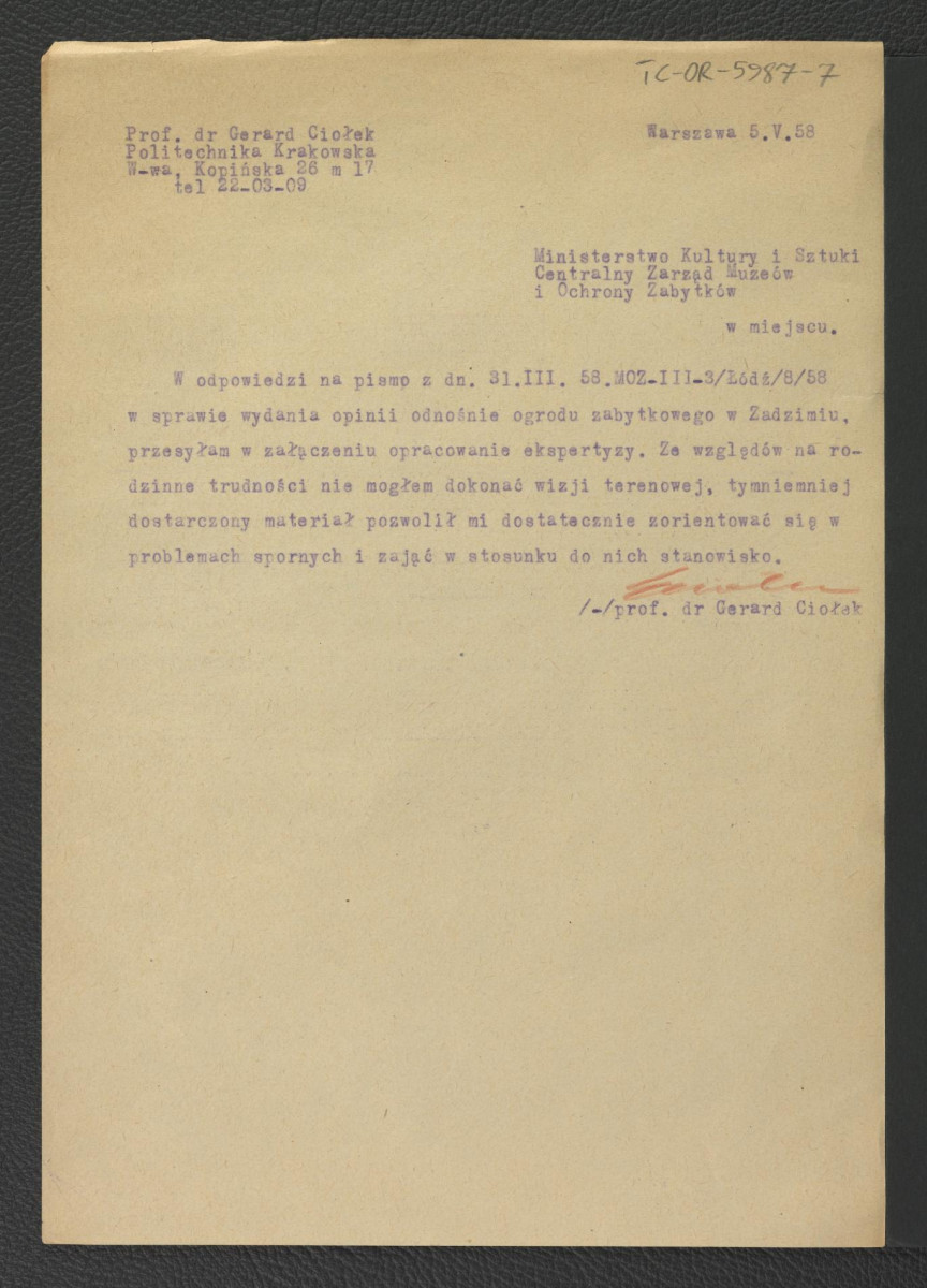 zawiadomienie z 5 maja 1958 r. ze strony G. Ciołka do Centralnego Zarządu Muzeów i Ochrony Zabytków Ministerstwa Kultury i Sztuki o trudnościach w dokonaniu wizji terenowej , skan 1