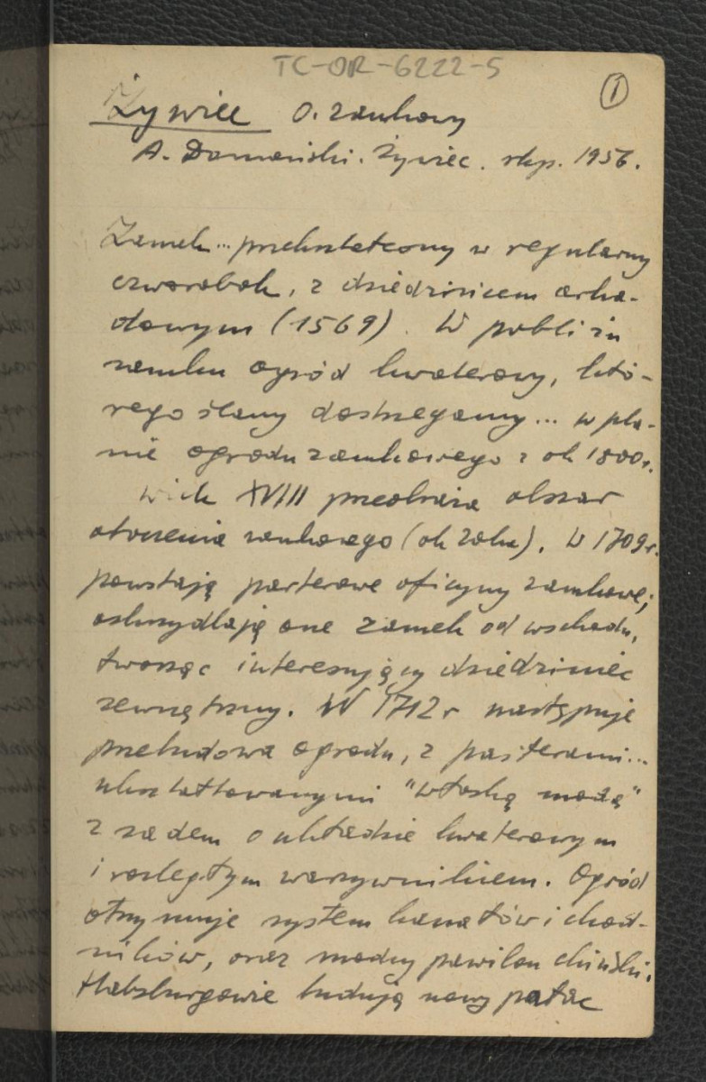 wypis z Domański A., Żywiec (rękopis), 1956 dotyczący zamku z dziedzińcem arkadkowym wzniesionym ok. 1569 r., tamtejszego ogrodu oraz przynależność do Habsburgów; dwie karty, skan 1