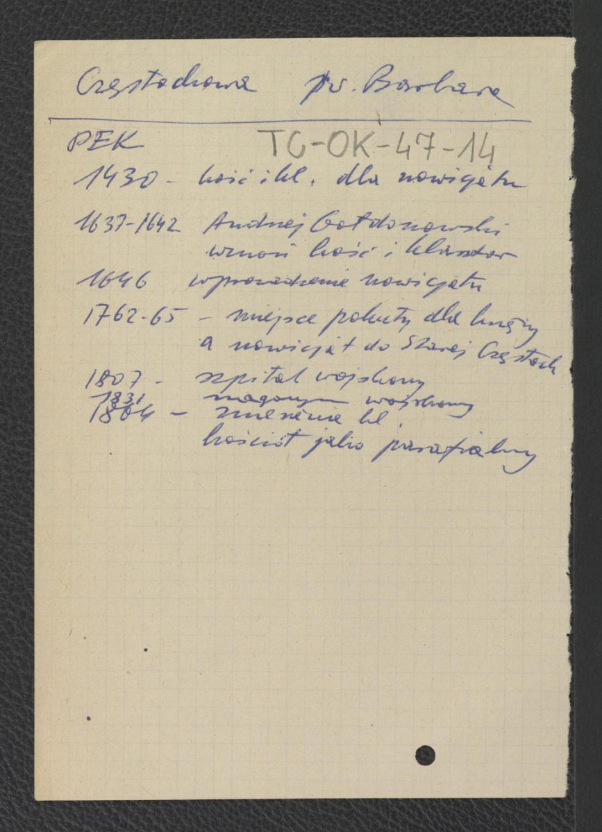 wypis z Podręczna Encyklopedia Kościelna, red. ks. Zygmunt Chełmicki, t. I-XLIV, Warszawa, 1904-1916 zawierający chronologię miejscowego klasztoru począwszy od 1430 r. kiedy to funkcjonował kościół i klasztor dla nowicjatu , skan 1