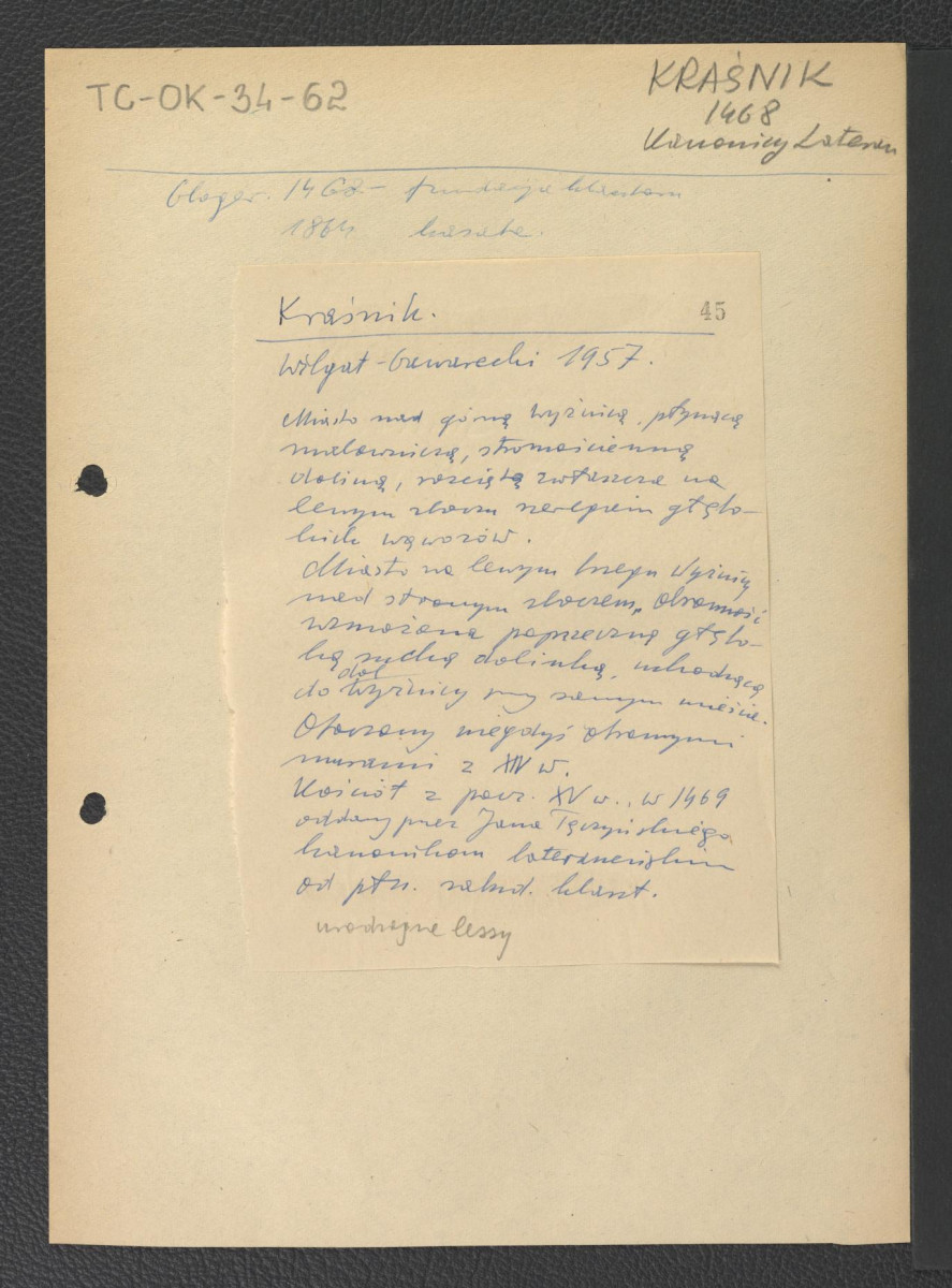odsyłacz do Gloger Zygmunt, Encyklopedia Staropolska, Warszawa 1902 wzmiankujący ufundowanie miejscowego klasztoru w 1468 r. oraz jego kasatę w 1864 r.; wypis z Wilgat-Gawarecki, 1957 dotyczący usytuowania miejscowego klasztoru oraz jego wczesnych dziejów  , skan 1