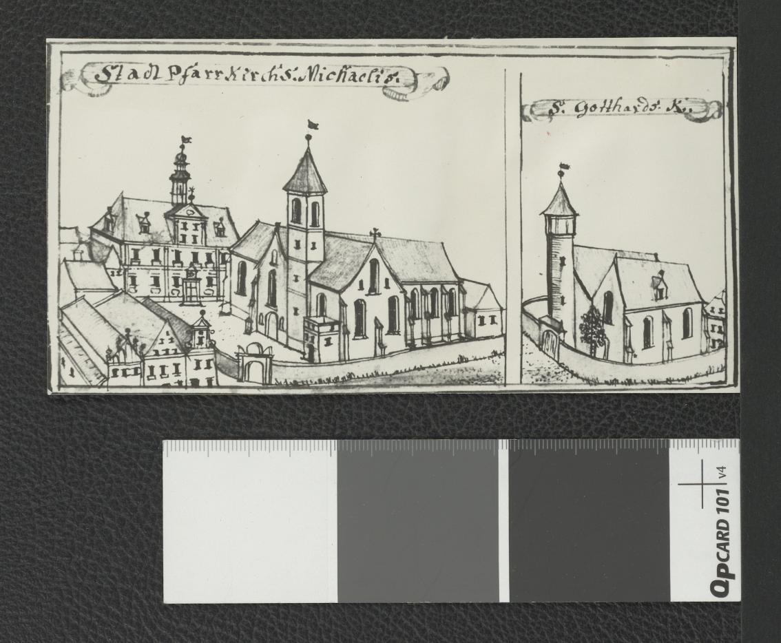reprodukcja ryciny zamieszczonej w Wernher Friedrich Bernhard, Topografia Śląska, 1744-1768 przedstawiającej miejscowy klasztor z lotu ptaka                                                         , skan 1