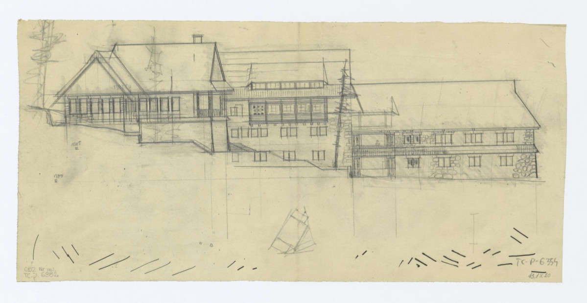 Schronisko na Polanie Chochołowskiej /?/ - elewacja boczna. Na marginesie luźne szkice, skan 1