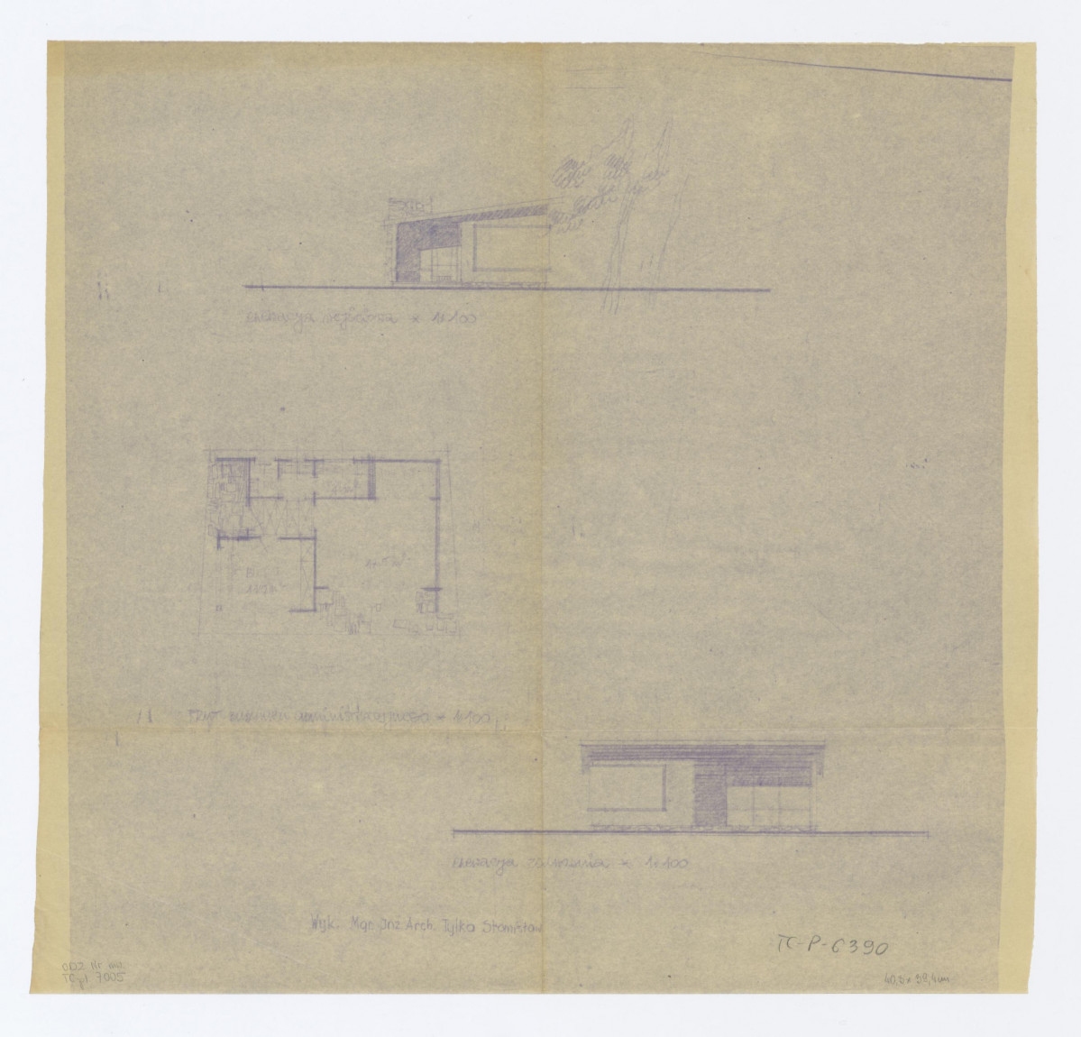 projekt budynku administracyjnego - rzut, elewacja wejściowa i zachodnia. Napisy: elewacja wejściowa; rzut budynku administracyjnego;  elewacja zachodnia, skan 1