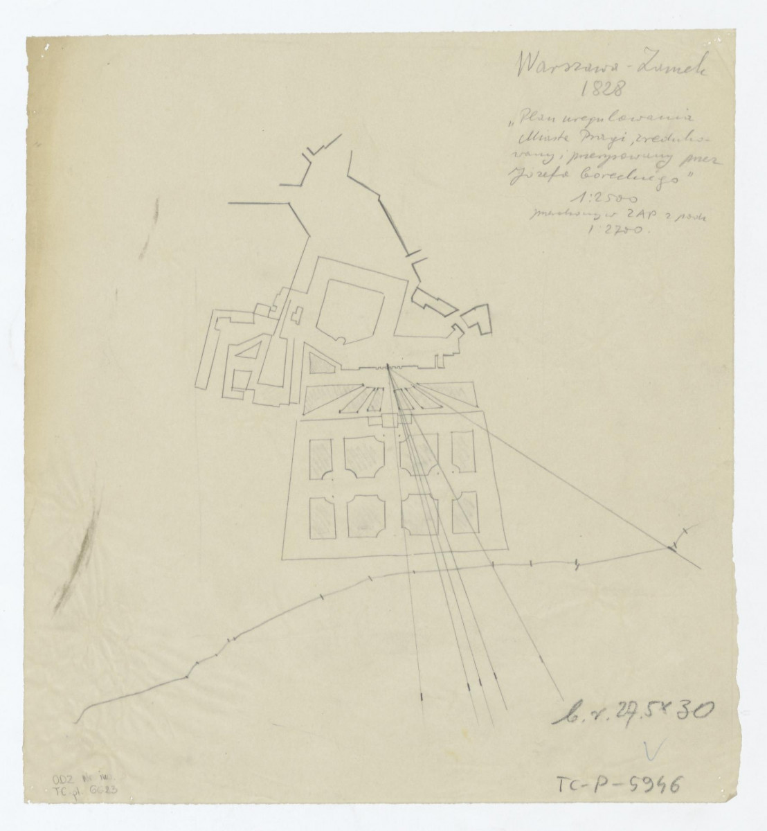Zamek królewski-plan ogrodu według planu uregulowania m. Pragi, zredukowany  i przerysowany przez Józefa Góreckiego z podziałką 1:2700 z roku 1828, skan 1