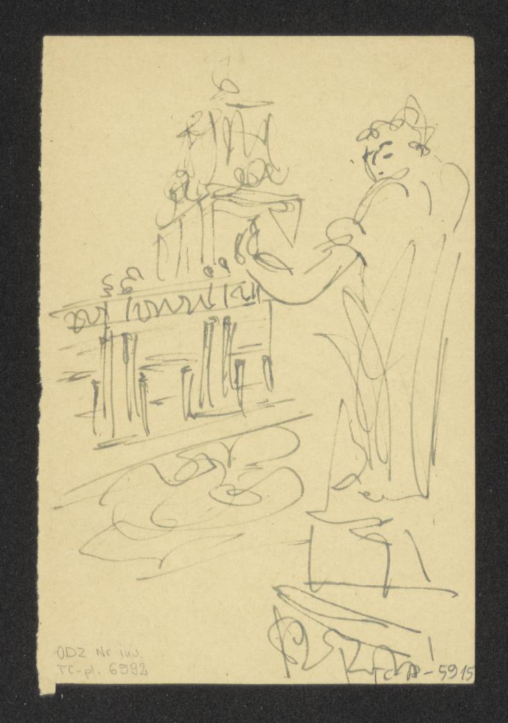 Wilanów-fragment elewacji pałacu od strony tarasów parkowych. Przerys z fotografii F. Myszkowskiego, Stolica, VIII, 1953, nr 18 s. 8. Napisy: na odwrocie; Fot. F. Myszkowski; Stolica 1953 18/280/ s. 8, skan 1