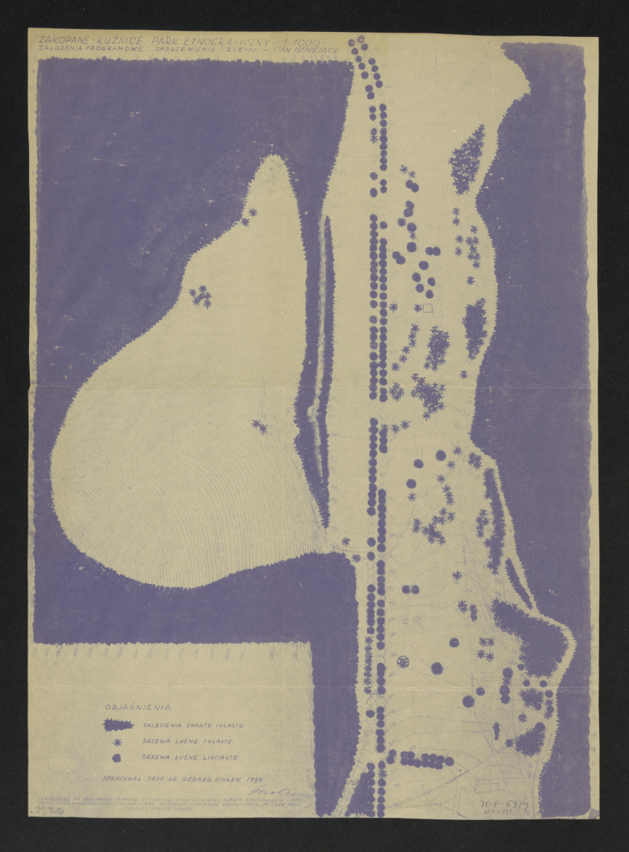 Zakopane - Kuźnice - Park etnograficzny - założenia programowe:  zadrzewienie terenu -stan istniejący. Plan sytuacyjno o -wysokościowy jako podkład, skan 1