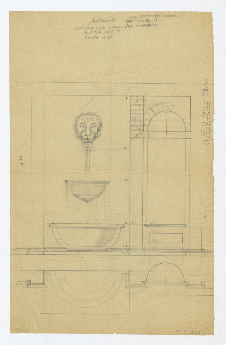 Wilanów-roboczy szkic rozwiązania zdroju na ścianie i muru oporowego, skan 1