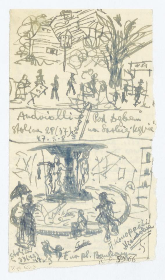 Warszawa-"1. widok. Przerys z rysunku Andriolliego - Powrót z Kolonii zwanej ""Pod dębem"" na Saskiej Kępie. Napisy: Andriolli; ""Pod Dębem"" na Saskiej Kępie; Stolica 28/37/ 47 s. 8    ; Nieudolne. 2. widok. Przerys z rysunku Konopackiego. Napisy: J. Konopacki.; Fontanna na placu Bankowym; Stolica - 33/42/ 47 s. 9; Nieudolne. Na odwrocie opis fontanny.", skan 1