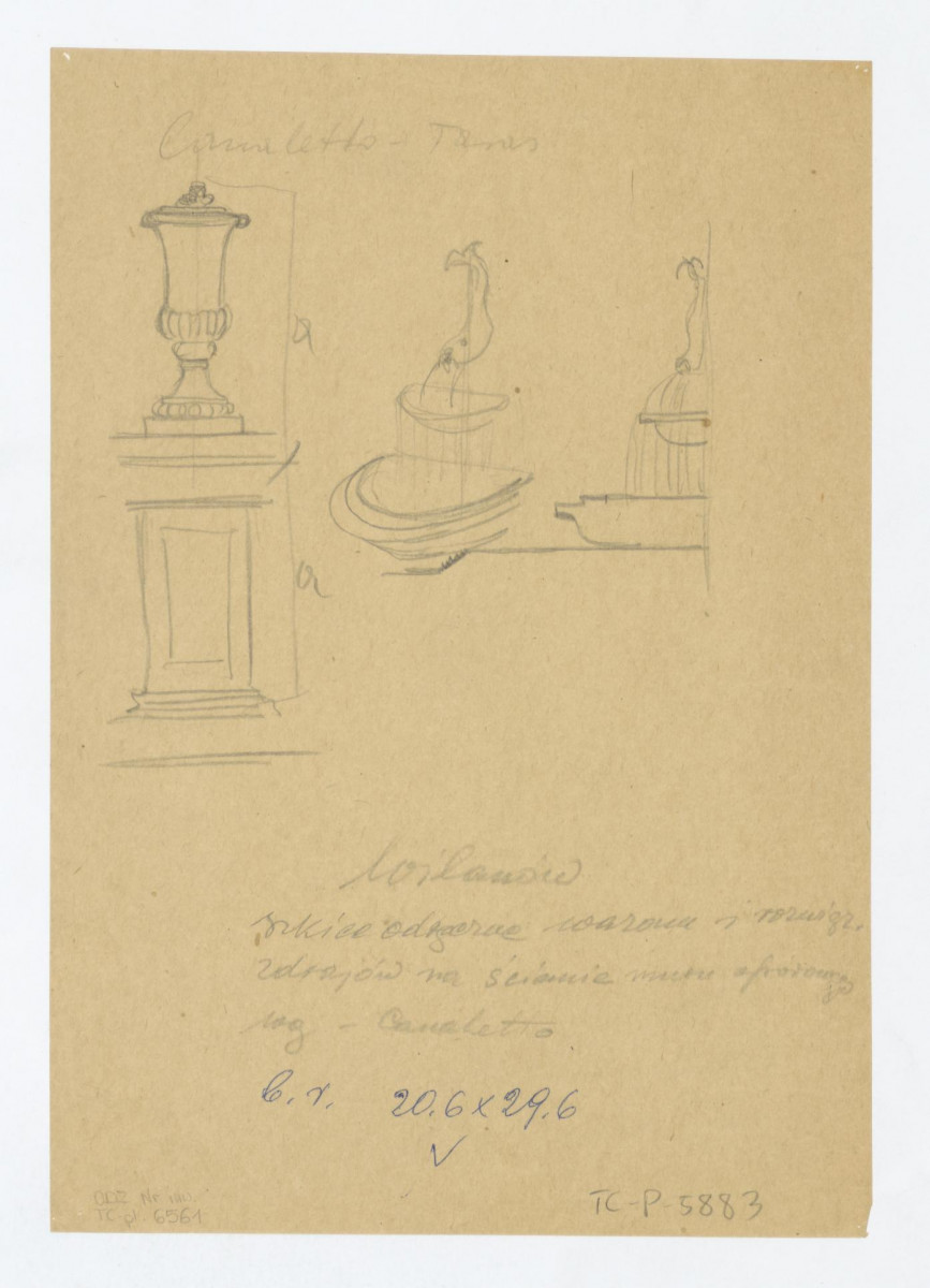 Wilanów-taras, szkice odręczne wazonu i zdrojów na ścianie muru oporowego, według Canaletto, skan 1