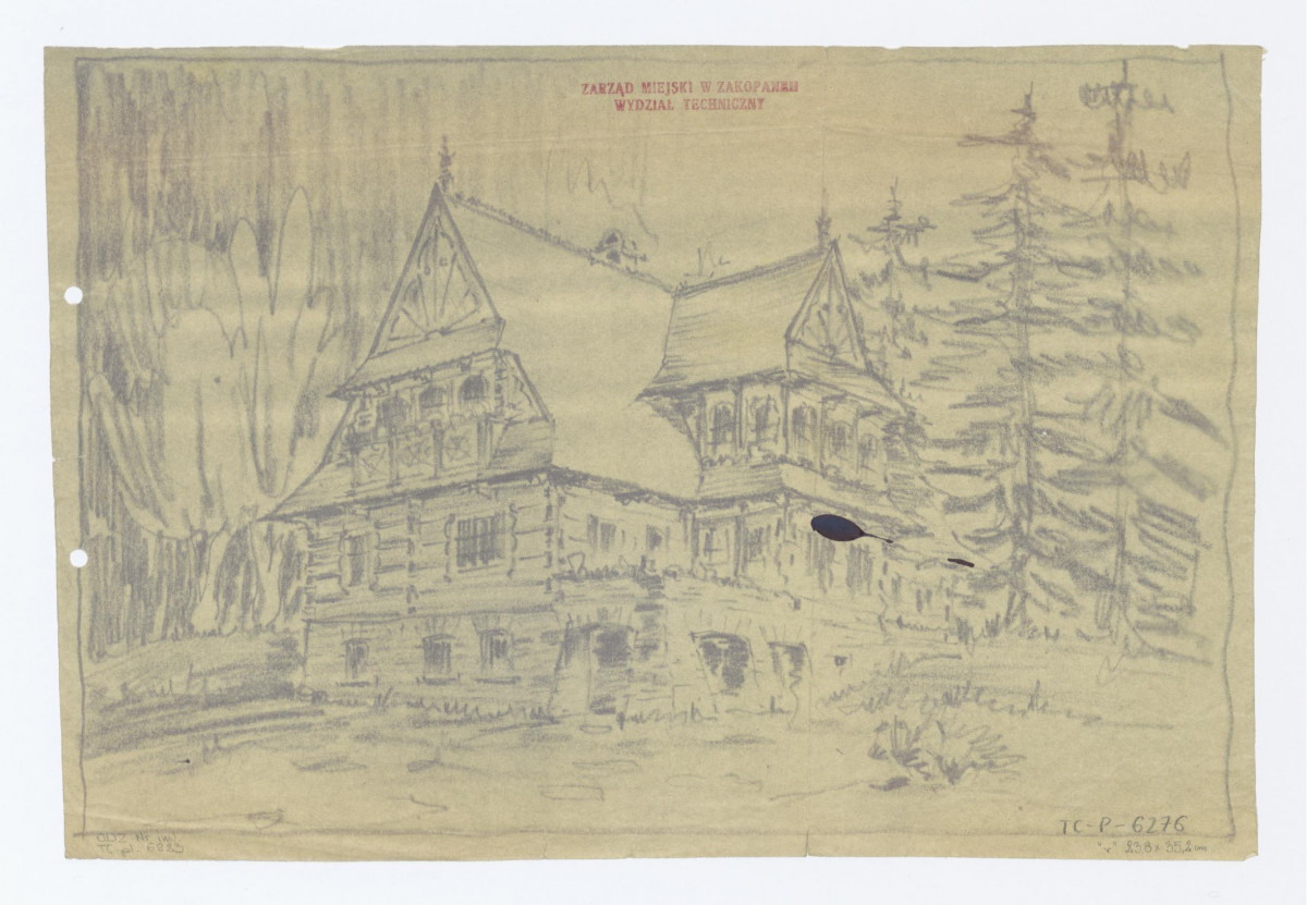 widok perspektywiczny. Pieczątka: ZARZĄD MIEJSKI W ZAKOPANEM WYDZIAŁ TECHNICZNY, skan 1