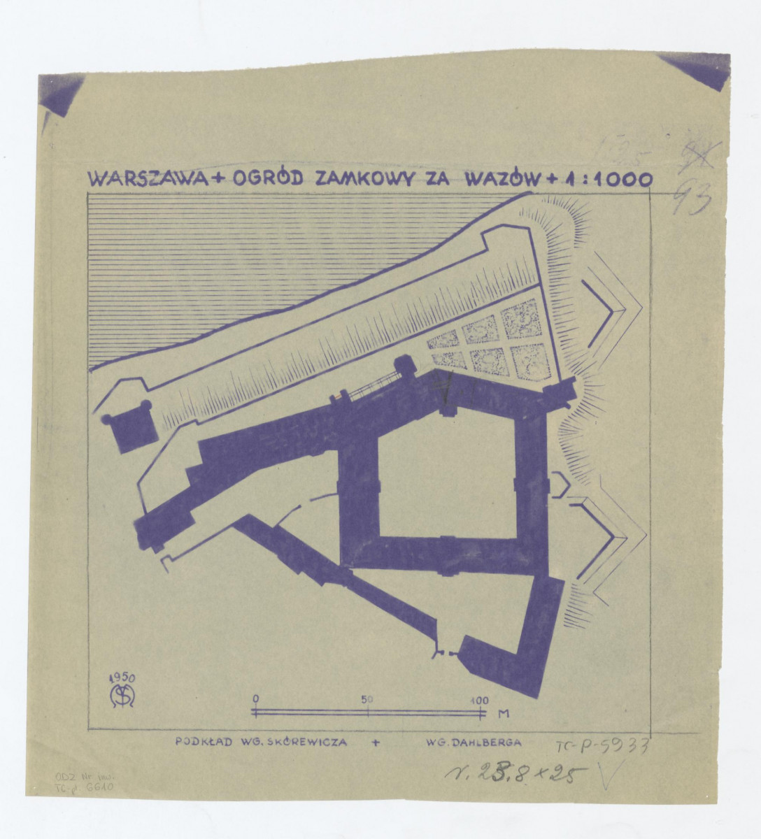 Zamek Królewski-plan sytuacyjny ogrodu według Dahlberga z czasów WAZÓW. Opracowany i przeskalowany, skan 1