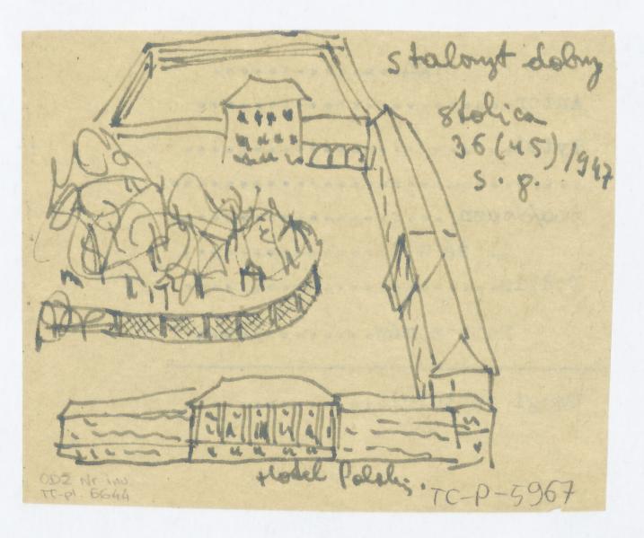 Hotel Polski-widok perspektywiczny. Przerys, Stolica, II, 1947, nr 36 s.8. Napisy: staloryt dobry; stolica 36/45/1947 s. 8; Hotel Polski., skan 1