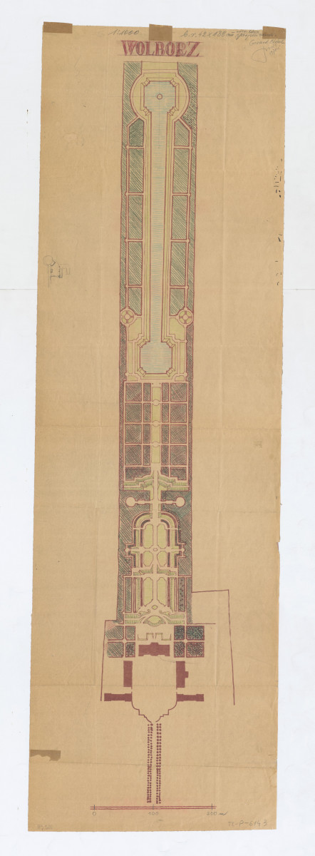schematyczny plan projektu rekonstrukcji ogrodu Napis: odrys  schematyczny z projektu rekonstrukcji /Gerard Ciołek/ Stanisław Miłoszewski, 1970 rok 1:1000, Wolbórz, skan 1