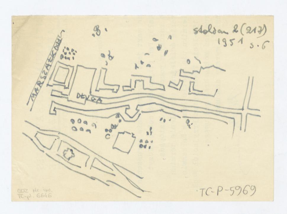 Wielopole-plan sytuacyjny. Przerys z rysunku  inż. arch. K. Tora, Stolica, VI, 1951, nr 2 s. 6. Napisy: Stolica 2/217/ 1951 s. 6. Zaznaczona ul. Marszałkowska i Długa, skan 1