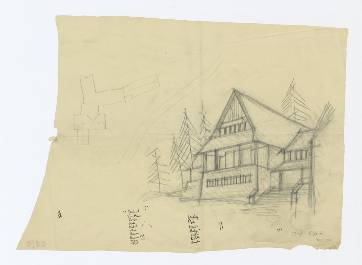 Schronisko na Polanie Chochołowskiej /?/ - elewacja frontowa /?/. Na marginesie luźne szkice i napisy. Szkic perspektywiczny fragmentu elewacji i schemat planu, skan 1