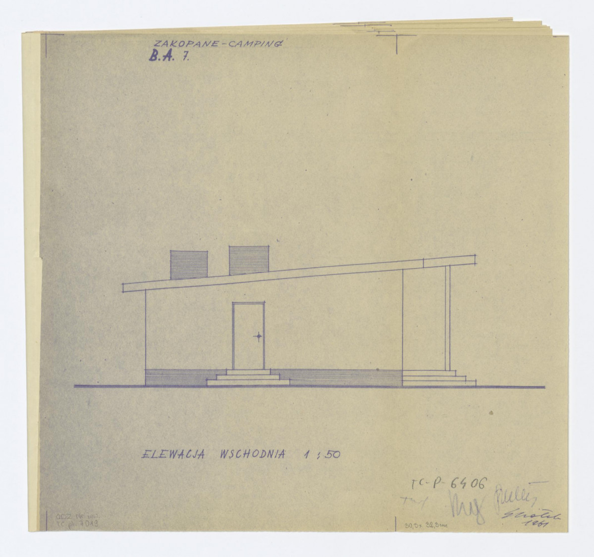 projekt budynku administracyjny, elewacja wschodnia. Napisy: ZAKOPANE - CAMPING; BUDYNEK ADMINISTRACYJNY 7; ELEWACJA WSCHODNIA, skan 1
