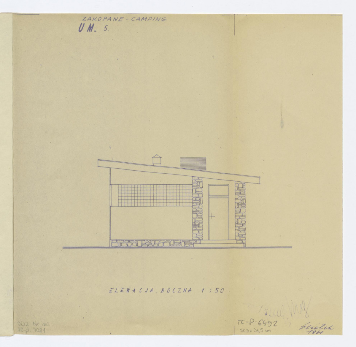 projekt, elewacja boczna. Napisy: ZAKOPANE - CAMPING; UMYWALNIA 5.; ELEWACJA  BOCZNA, skan 1