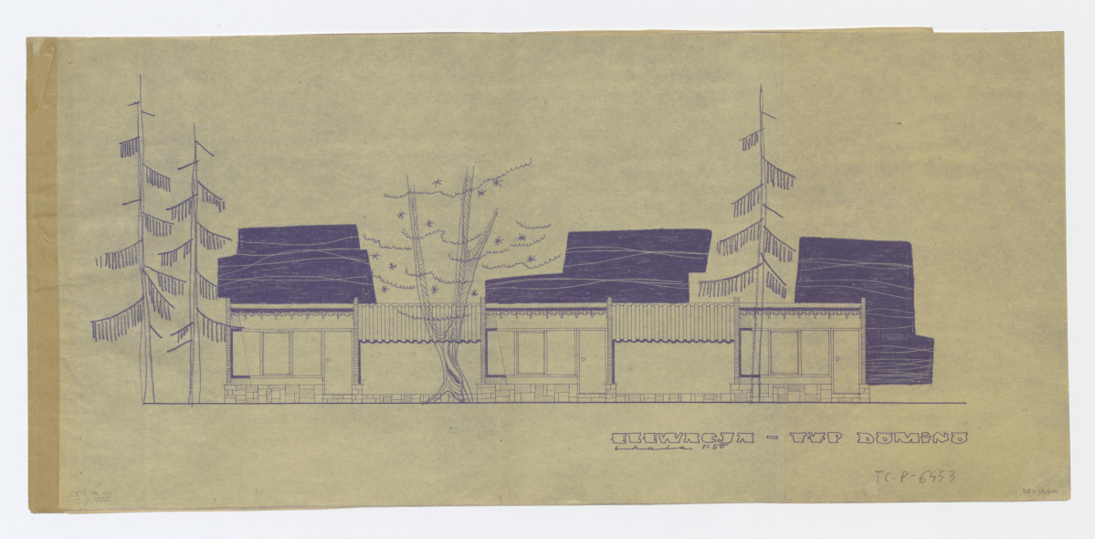 projekt, elewacja. Napisy: ELEWACJA - TYP DOMINO, skan 1