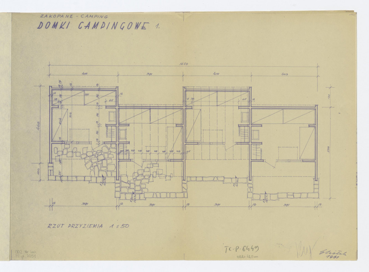 projekt, rzut przyziemia. Napisy: ZAKOPANE - CAMPING; DOMKI CAMPINGOWE  1; RZUT PRZYZIEMIA,. Wymiary, skan 1