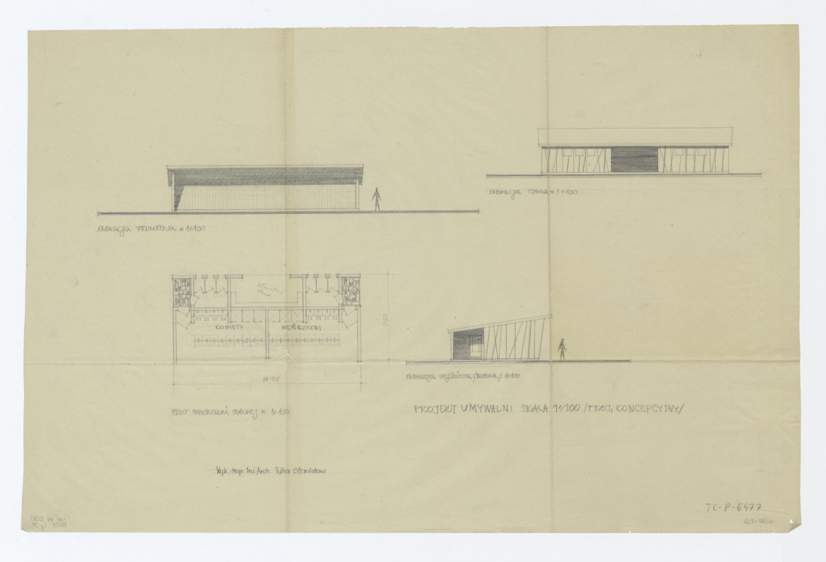 projekt, rzut, elewacja frontowa, tylna i boczna /wejściowa/. Napisy: PROJEKT UMYWALNI /PROJEKT KONCEPCYJNY/. Napisy objaśniające, skan 1