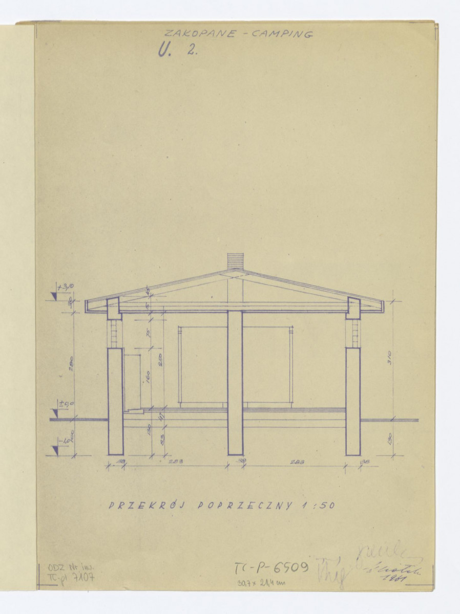projekt, przekrój poprzeczny. Napisy: ZAKOPANE - CAMPING; USTĘPY 2. PRZEKRÓJ POPRZECZNY. Wymiary, skan 1