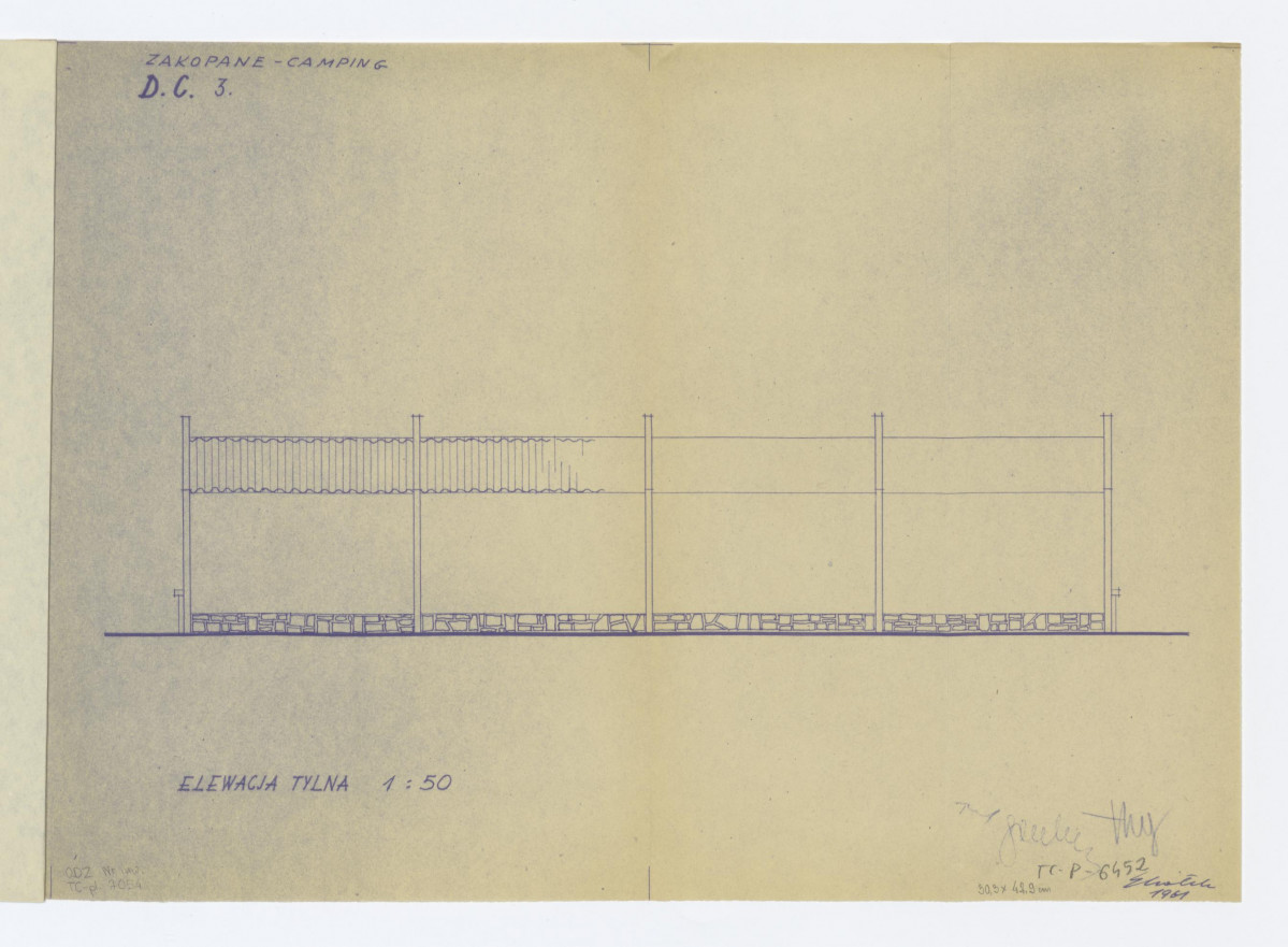 projekt, elewacja tylna. Napisy: ZAKOPANE - CAMPING; DOMKI CAMPINGOWE 3; ELEWACJA TYLNA, skan 1