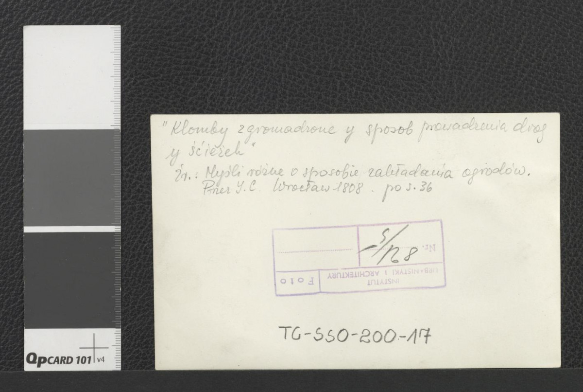 fotografia dwubarwna reprodukcji ryciny zamieszczonej w pracy Izabelli Czartoryskiej „Myśli różne o sposobie zakładania ogrodów”, Wrocław 1808, strona 36 (ze zbiorów Instytutu Urbanistyki i Architektury), skan 2