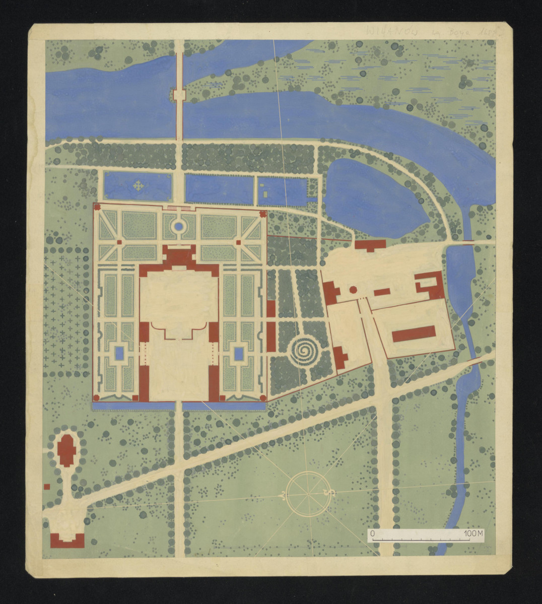 rekonstrukcja stanu z 1682 roku. Napisy: WILLANÓW 1682; Źródła: 1. Plan sytuacyjny Wilanowa z 1682 roku Adolfa Boy'a 1:2000 opracowany w Zakładzie Architektury Politechniki według oryginału w Bibliotece Narodowej w Warszawie. 2. Juliusz Starzyński - Wilanów, Dzieje budowy pałacu za Jana III. Warszawa 1933. 3. Aleksander Czołowski - Urządzenie pałacu wilanowskiego za Jana III. Lwów 1937. Legenda objaśniająca rozmieszczenie poszczególnych budowli zespołu, skan 1