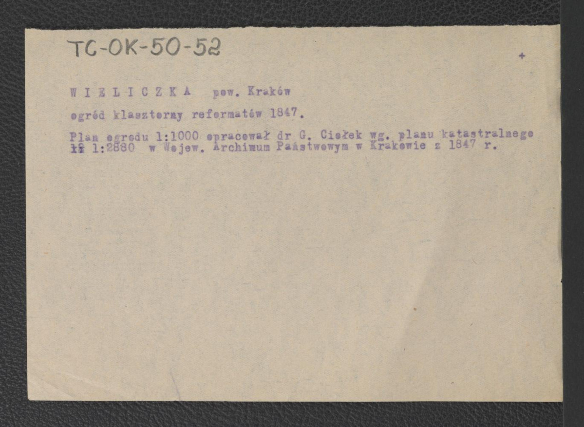 karta opisowa do planu ogrodu (1 : 1000) opracowana przez Gerarda Ciołka według planu katastralnego ze zbiorów Wojewódzkiego Archiwum Państwowego w Krakowie z 1847 r. , skan 1