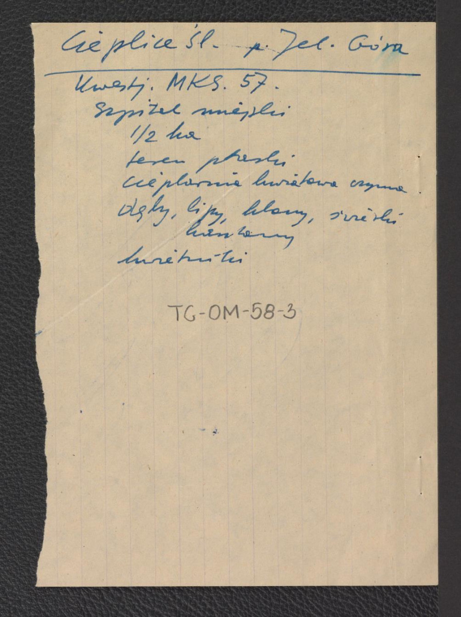 odsyłacz do Kwestionariusza Ministerstwa Kultury i Sztuki z 1957 r. wzmiankujący miejski szpital, powierzchnie, drzewostan etc., skan 1