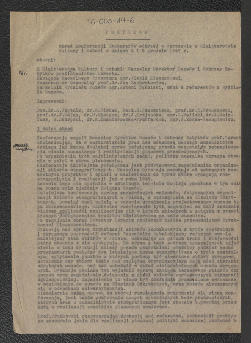 protokół z obrad konferencji etnografów odbytej w Warszawie w Ministerstwie Kultury i Sztuki w dniach 4 i 5 grudnia 1947 r., skan 1