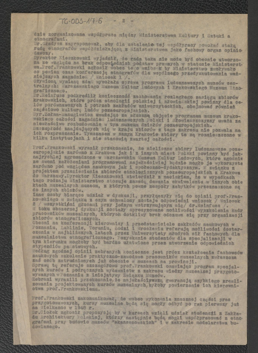 protokół z obrad konferencji etnografów odbytej w Warszawie w Ministerstwie Kultury i Sztuki w dniach 4 i 5 grudnia 1947 r., skan 2