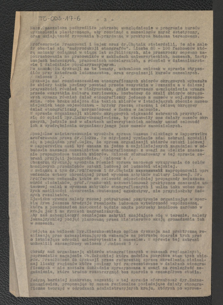 protokół z obrad konferencji etnografów odbytej w Warszawie w Ministerstwie Kultury i Sztuki w dniach 4 i 5 grudnia 1947 r., skan 3
