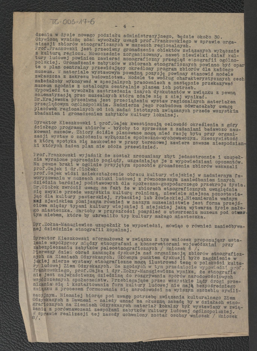 protokół z obrad konferencji etnografów odbytej w Warszawie w Ministerstwie Kultury i Sztuki w dniach 4 i 5 grudnia 1947 r., skan 4