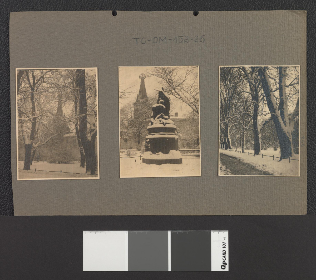 3 fotografie przedstawiające widok na Planty zimą; w tlę widoczna Izba Przemysłowo-Handlowa, tzw. Dom Pod Globusem przy ul. Długiej 1, skan 1