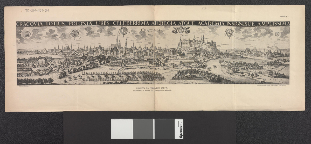 reprodukcja z miedziorytu w zbiorach Muzeum Czartoryskich w Krakowie ukazująca miasto na początku XVII wieku wykonana w zakładzie fotografii Antoniego Trybalskiego w Krakowie, skan 1