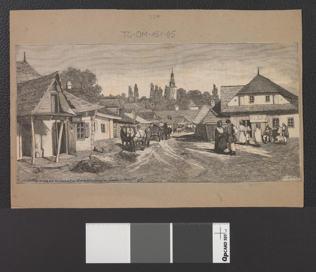 wycinek z „Kłosy” t. XXV (1877) zawierający reprodukcję ryciny autorstwa K. Pomianowskiego przedstawiającej Przemieście Zwierzynieckie, skan 1