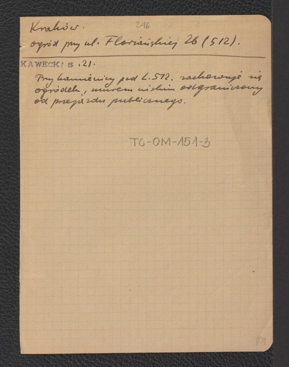 odsyłacz do Kawecki, s. 21 wzmiankujący ogród przy ul. Floriańskiej, skan 1