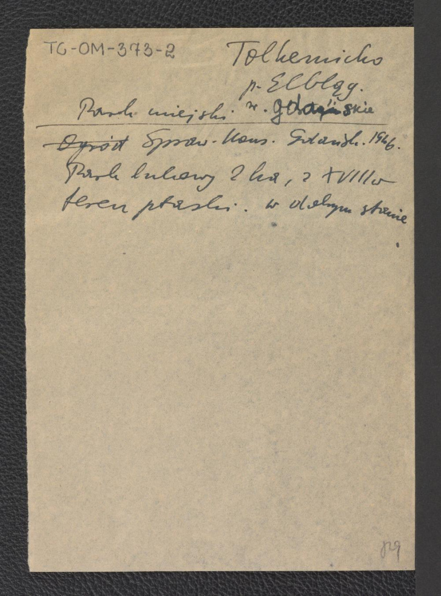odnośnik bibliograficzny (Sprawozdanie Konserwatora Gdańskiego z 1946 roku) wzmiankujący miejscowy park ludowy, skan 1