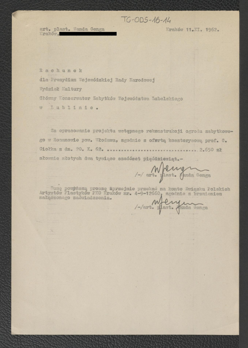 rachunek wystawiony dla Prezydium Wojewódzkiej Rady Narodowej, Wydziału Kultury, Głównego Konserwatora Województwa Lubelskiego w dniu 11 listopada 1962 r. przez art. plast. Wandę Gengę za opracowanie części wstępnego projektu rekonstrukcji zabytkowego ogrodu w Romanowie, skan 1