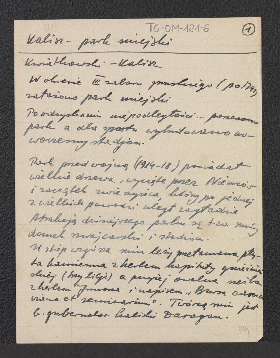 wypisy z Kwiatkowski, Kalisz dotyczące miejscowego parku miejskiego, skan 1