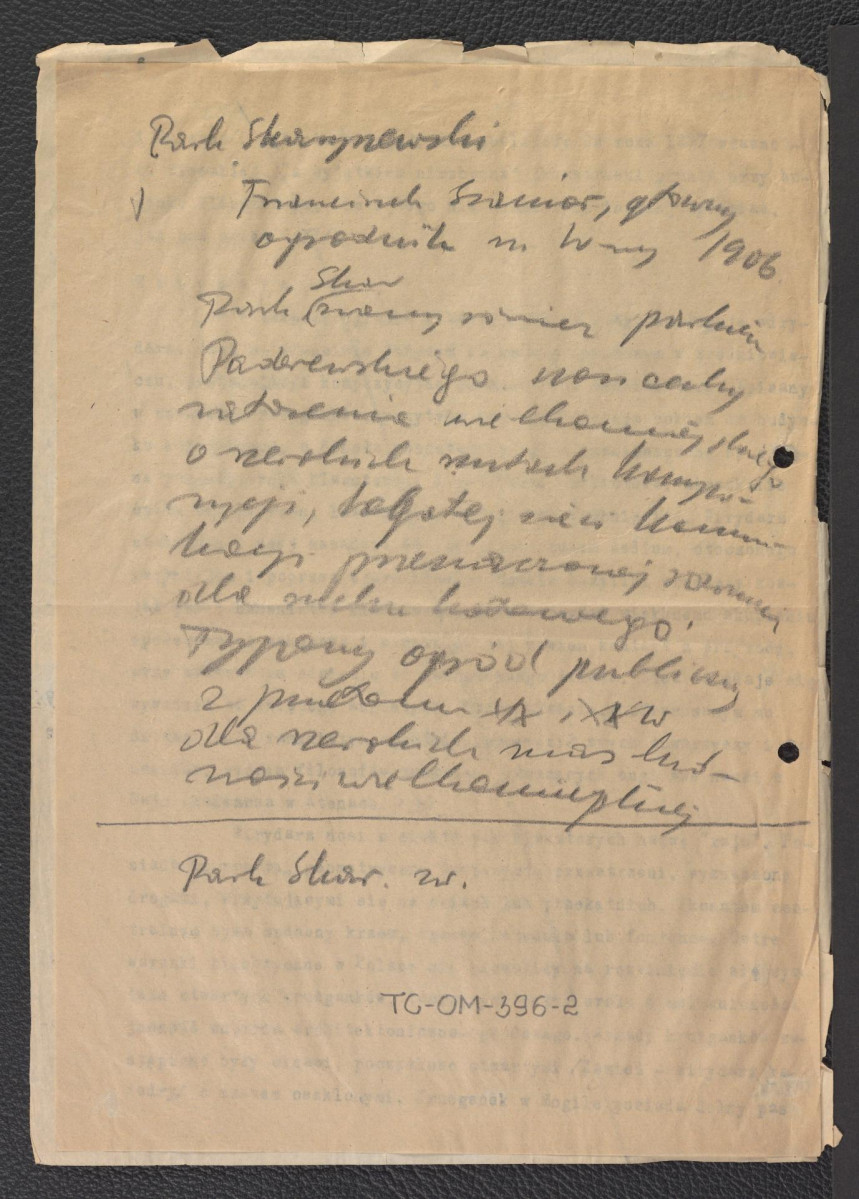 notatka wzmiankująca głównego ogrodnika miasta Warszawy w 1906 roku - Franciszka Szaniora, skan 1