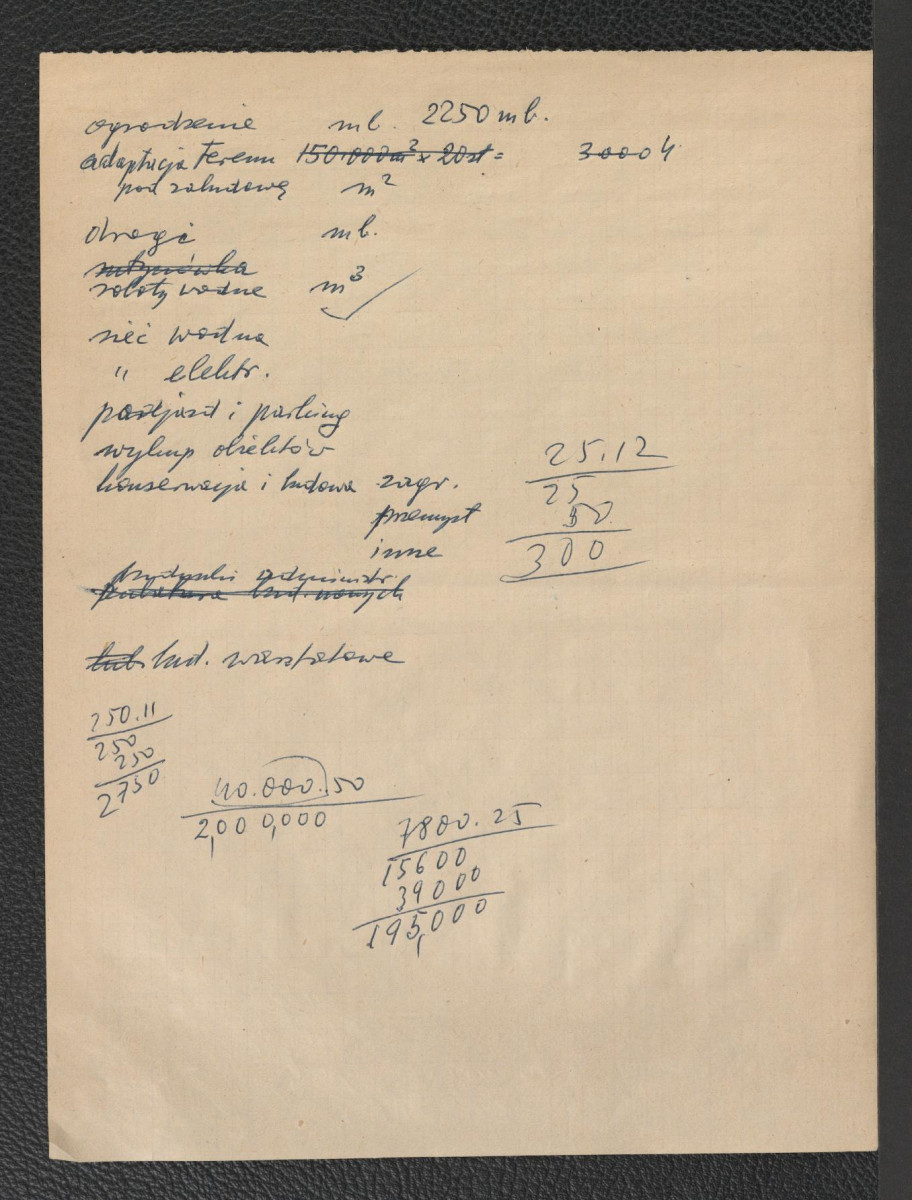 karty o charakterze brudnopisu zawierające m.in. propozycje do projektu skansenu, obliczenia finansowe i wyceny oraz wykaz rodzajów drzew i krzewów występujących na terenie Kuźnic, skan 2