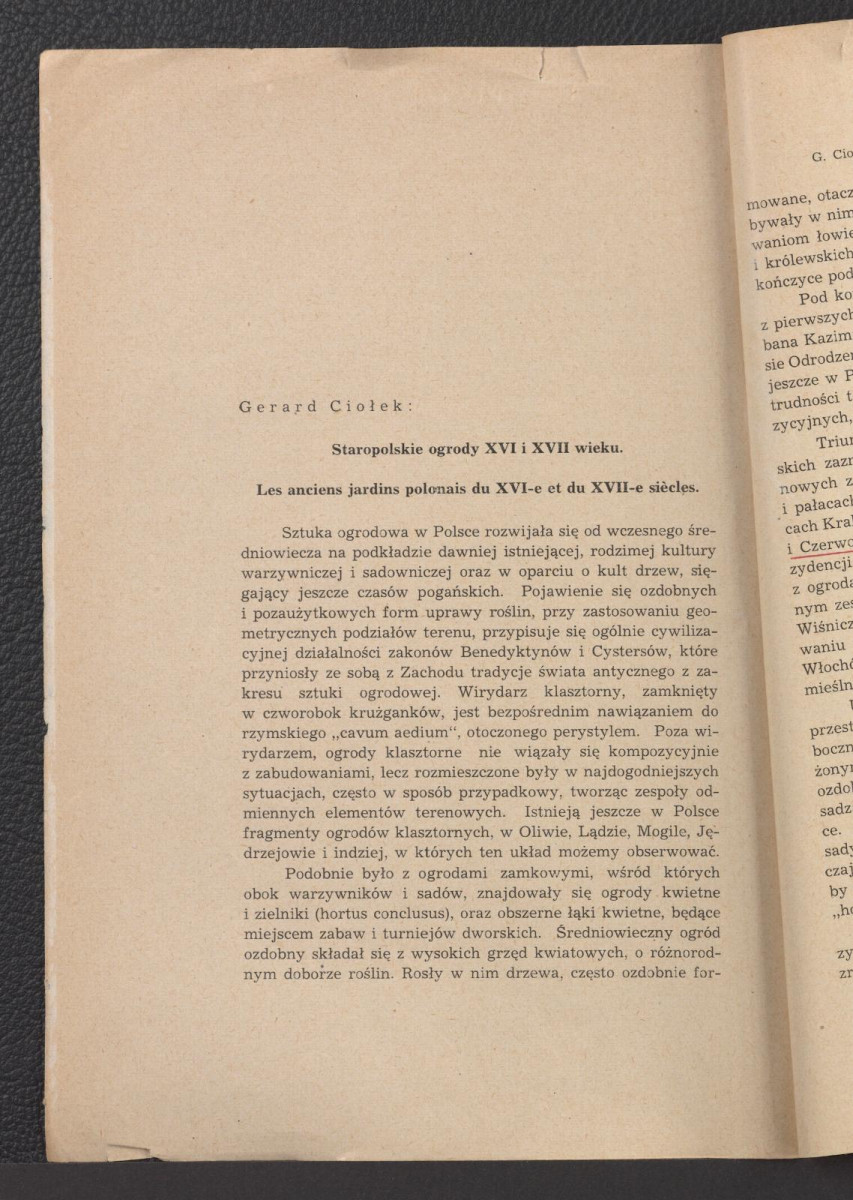 nadbitka ze Sprawozdań Towarzystwa Naukowego Warszawskiego (Wydział II. Rok. XL-1947) zawierająca tekst autorstwa G. Ciołka pt. Staropolskie ogrody XVI i XVII w., skan 2