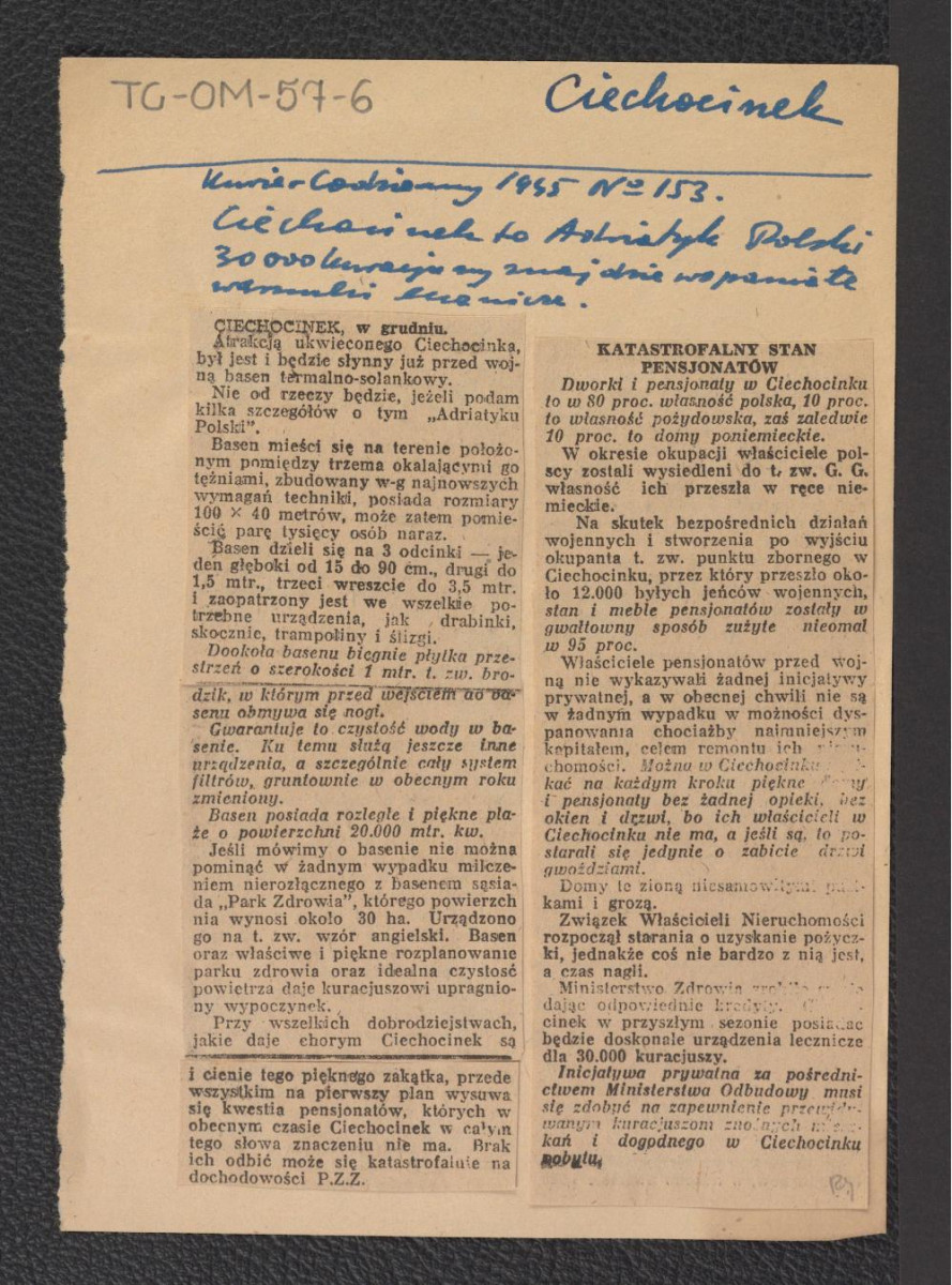 wycinek z „Kuriera Codziennego” nr 153 (1945) zawierający artykuł dotyczący miejscowego uzdrowiska, skan 1