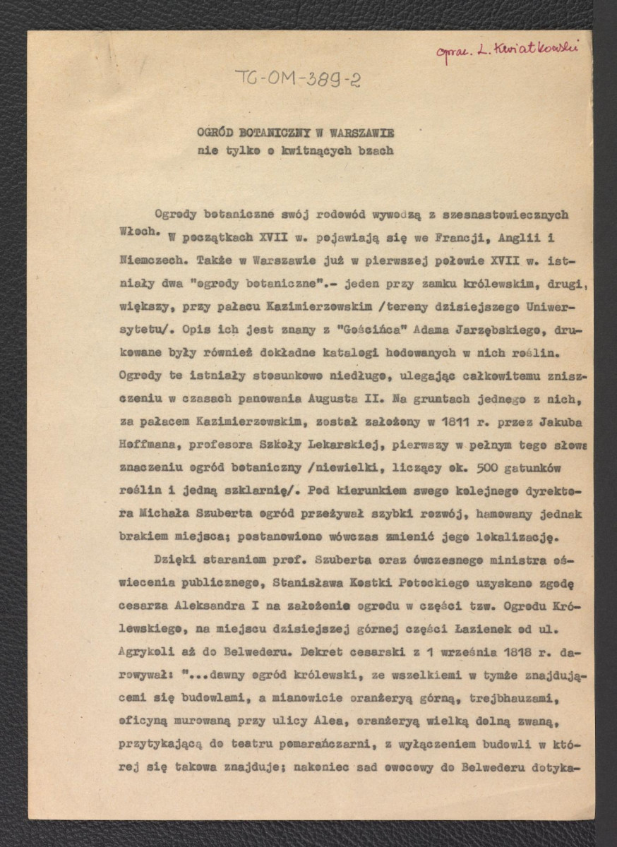 tekst autorstwa L. Kwiatkowskiego pt. „Ogród botaniczny w Warszawie nie tylko w kwitnących bzach”, skan 1