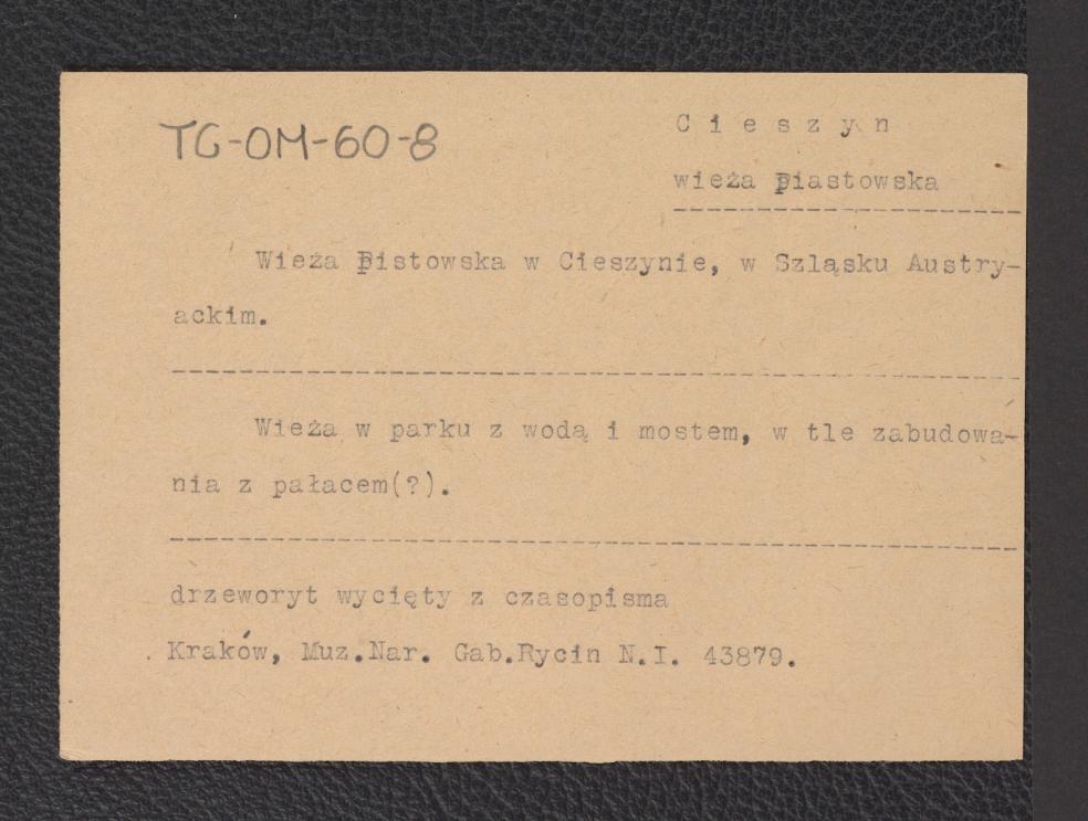 karta opisowa do drzeworytu przedstawiającego wieżę w parku z wodą i mostem na tle zabudowań z pałacem - ze zbiorów Gabinetu Rycin Muzeum Narodowego w Krakowie, skan 1