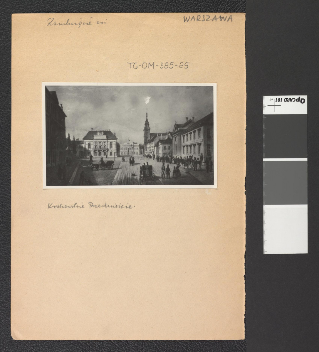 ulica Krakowskie Przedmieście z widocznym w tle Pałacem Staszica i Kościołem Św. Krzyża (fotografia dwubarwna obraz olejnego), skan 1