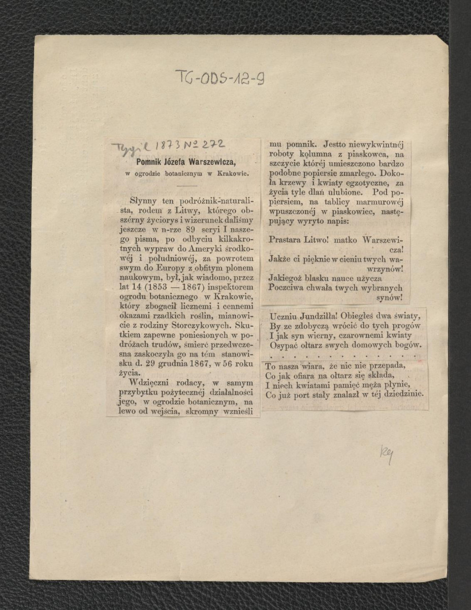 wycinek z „Tygodnika Ilustrowanego” nr 272 (1873) zawierający informacje o pomniku Józefa Warszewicza i jego dokonaniach w krakowskim ogrodzie botanicznym, skan 1